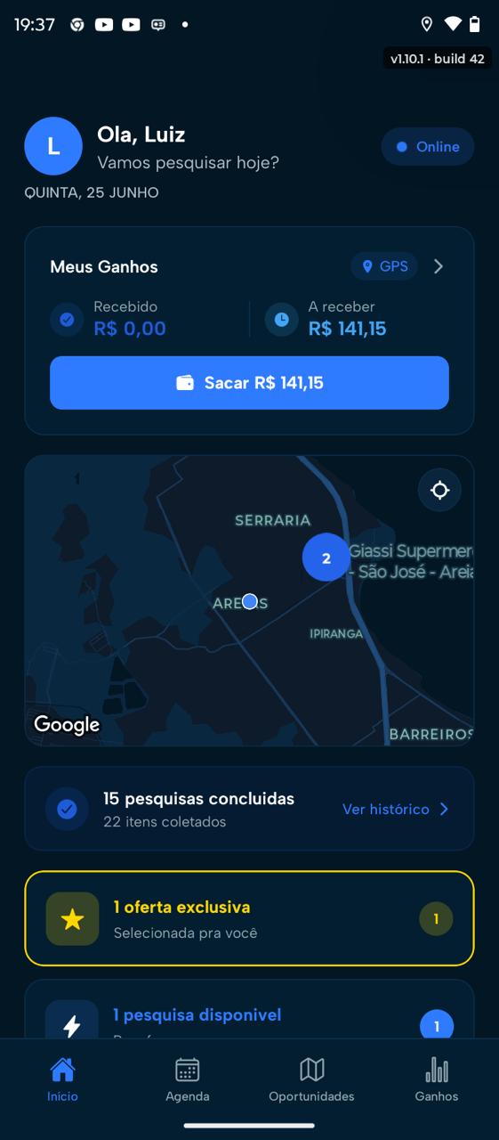 App Pricepoint no modo escuro — tela inicial com card de oferta exclusiva e mapa de pesquisas