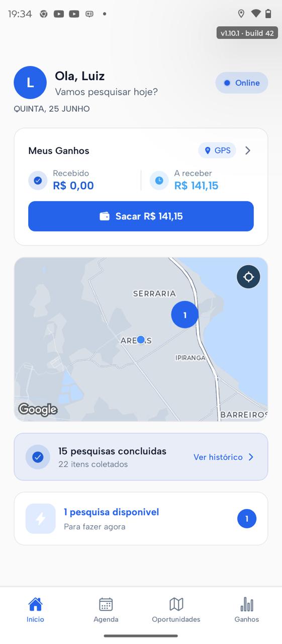 App Pricepoint — tela inicial do pesquisador, com saldo de ganhos, mapa e pesquisas disponíveis